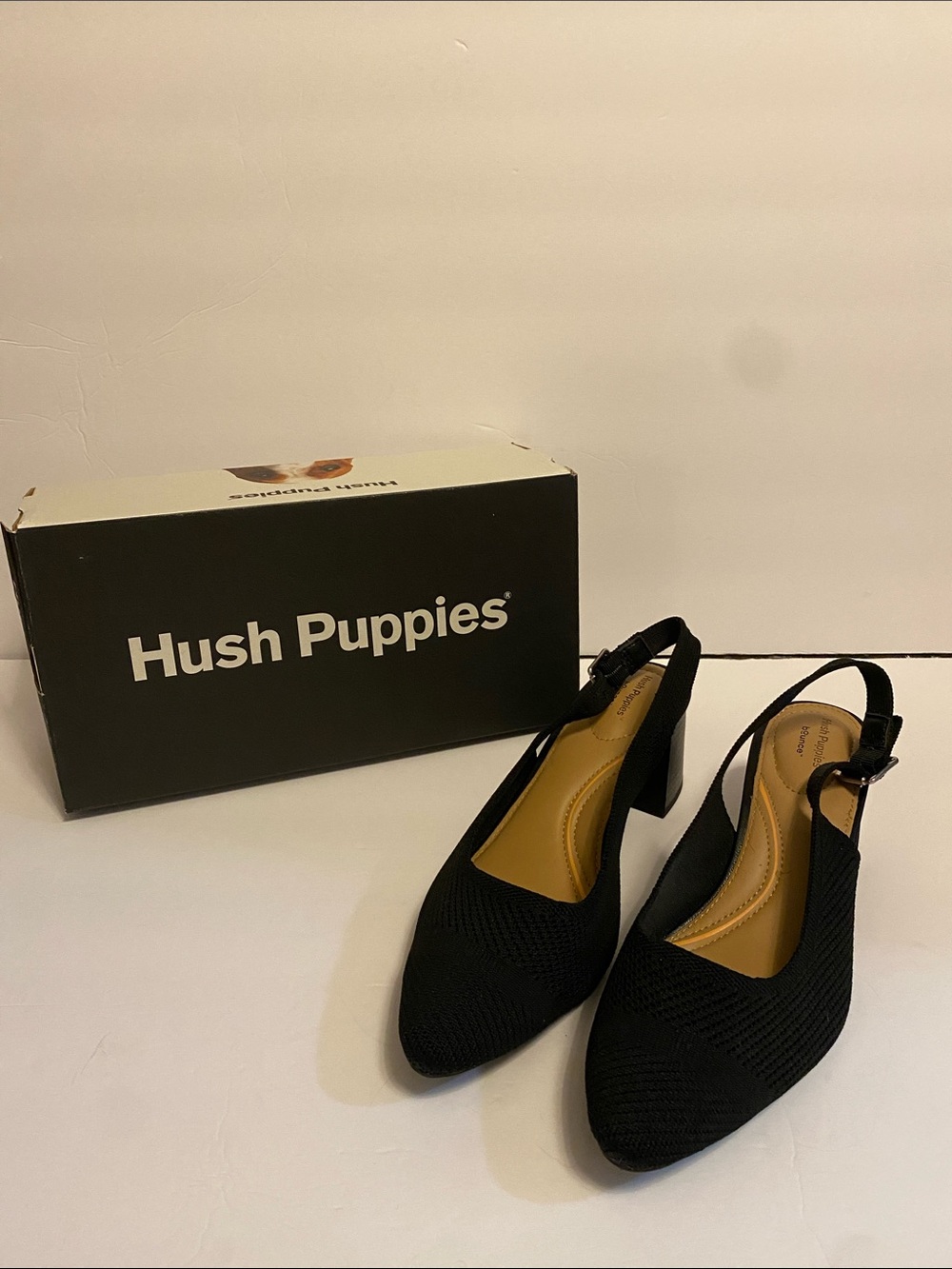 Hush Puppies Black Knit Slingback Block Heels - Size 8.5 Wide Width